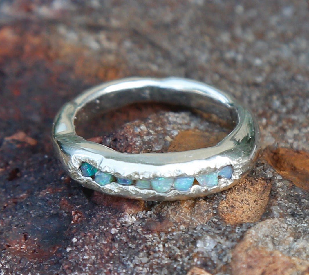 handmade opal ring called opal chip channel