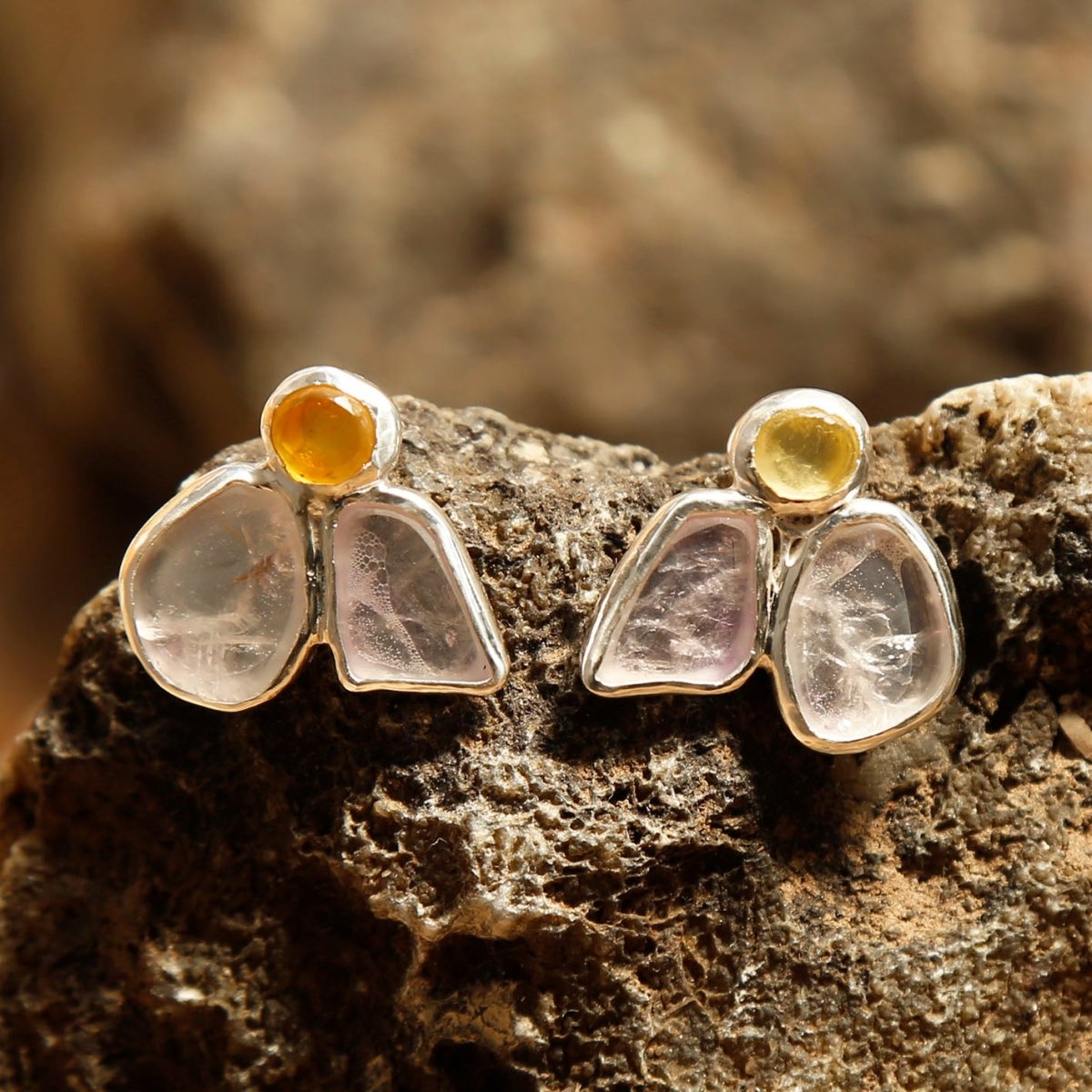 amber and amethyst earrings in sterling silver