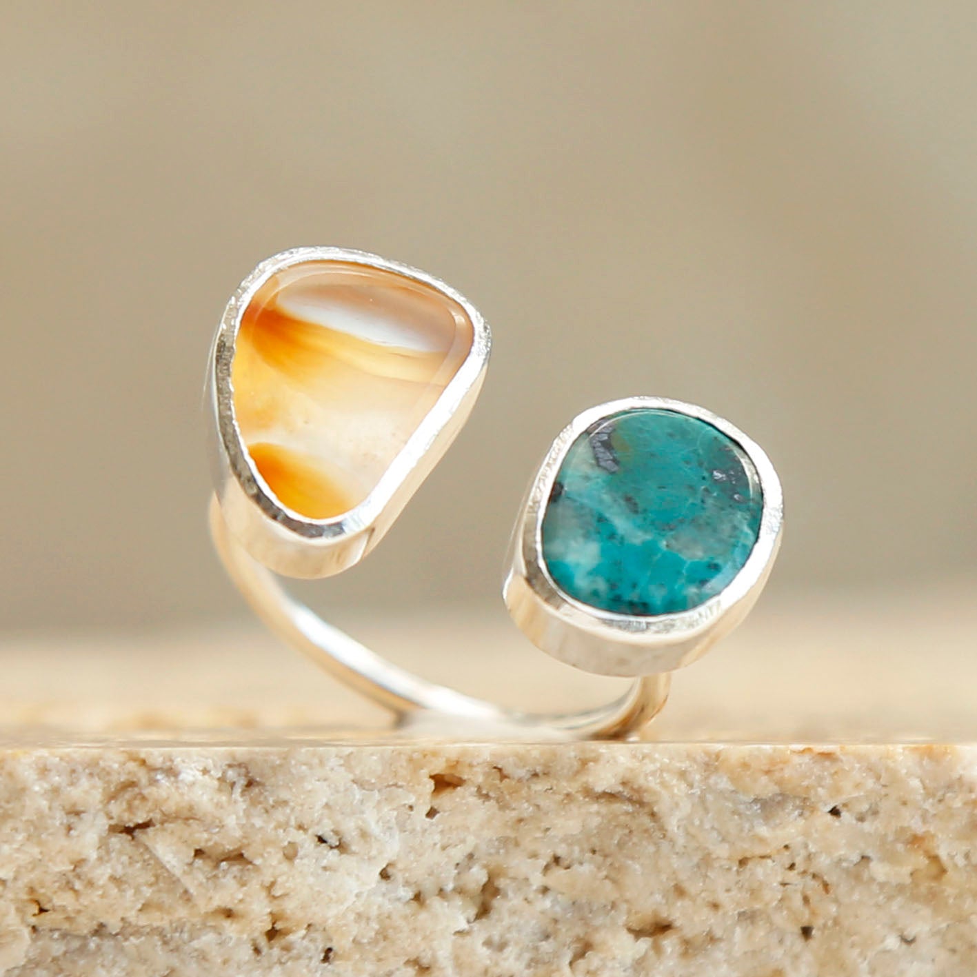 orange carnelian and blue green chrysocolla open ring handmade gemstone jewellery