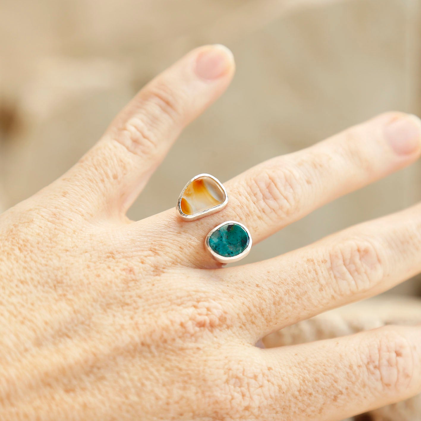 wearing orange carnelian and blue green chrysocolla open ring handmade gemstone jewellery