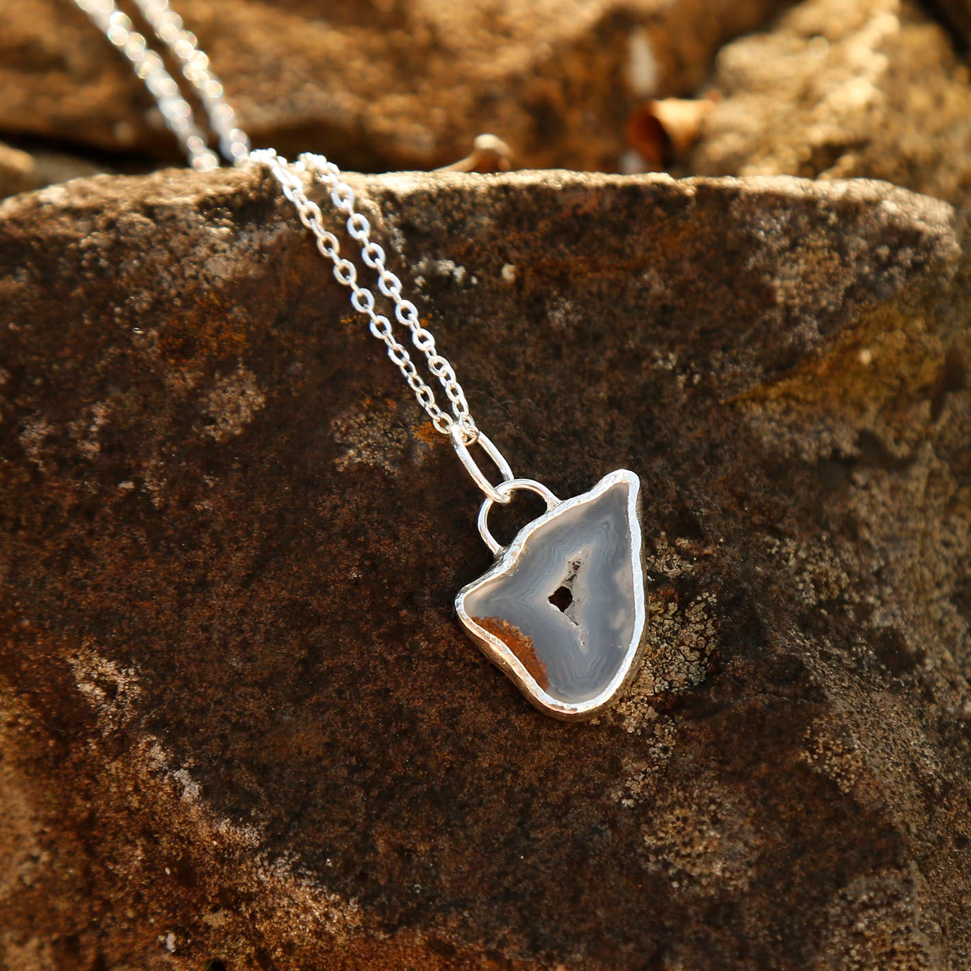 blue agate necklace in solid silver