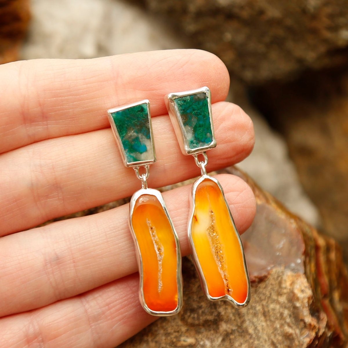 Green chrysocolla and orange carnelian