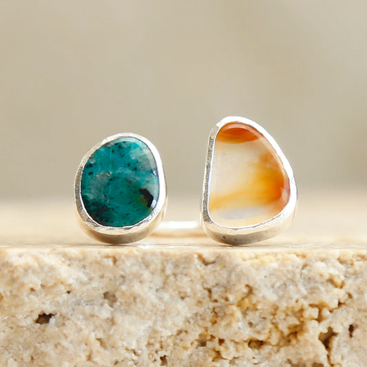 orange carnelian and blue green chrysocolla open ring handmade gemstone jewellery